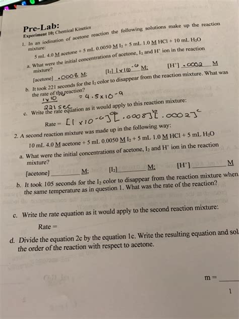 Solved Pre Lab Experiment Chemical Kineties In An Chegg