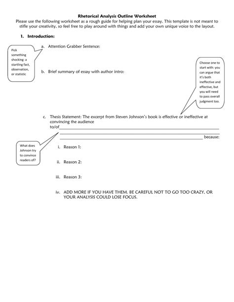 Rhetorical Analysis Outline Worksheet Please Use The Following