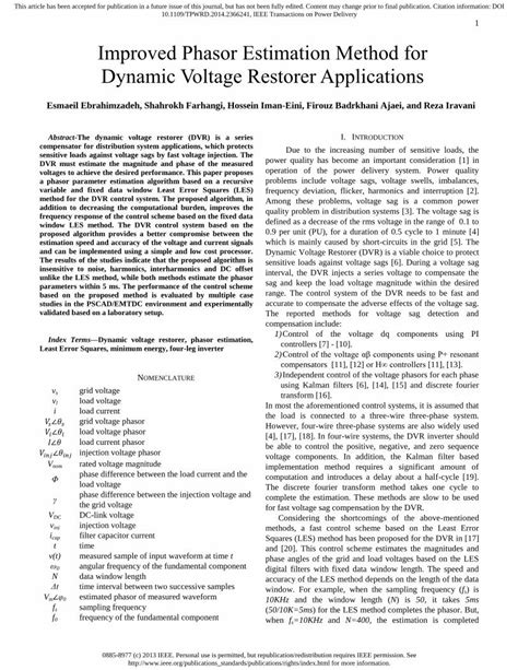 PDF Improved Phasor Estimation Method For Dynamic Voltage Restorer