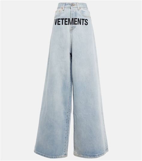 Vetements Embroidered High Rise Wide Leg Jeans In Light Blue Modesens