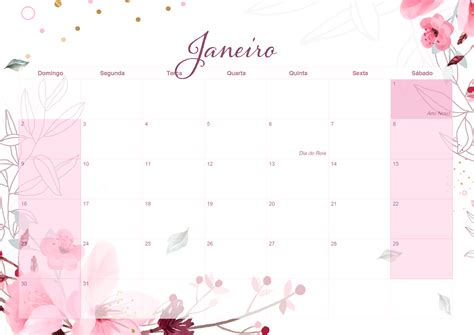 Calendario Mensal Floral Janeiro Fazendo A Nossa Festa