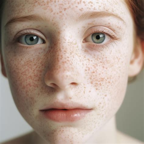 Un niño con pecas en la cara y las palabras pecas en el rostro Foto