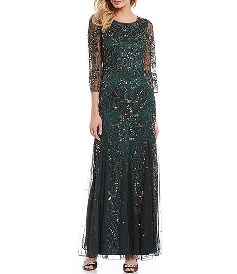 Pisarro Nights Beaded Sequin Boat Neck Illusion 3 4 Sleeve Gown