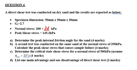 Solved A Direct Shear Test Was Conducted On Dry Sand And The Chegg