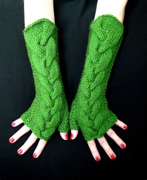 Fingerless Gloves Green Wrist Warmers Grass Green Cabled Extra Etsy