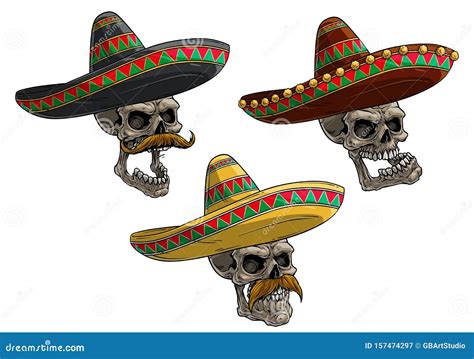 Cartoon Human Skulls In Mexican Sombrero Hat Stock Vector