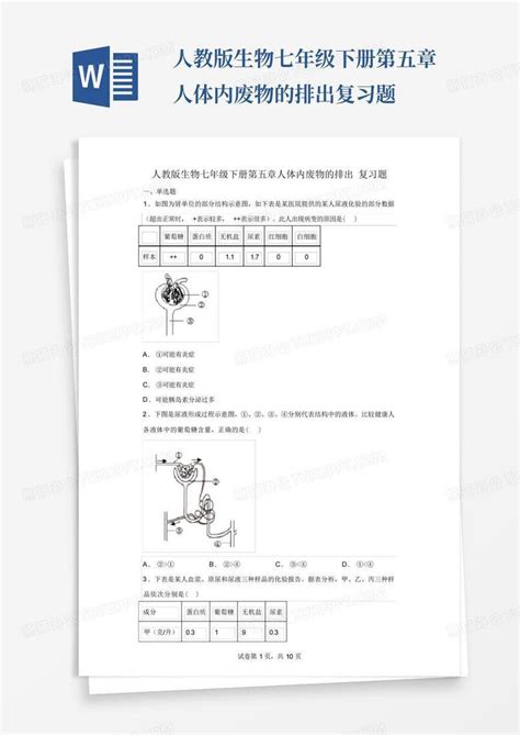 人教版生物七年级下册第五章人体内废物的排出复习题word模板下载编号ljkkvnem熊猫办公