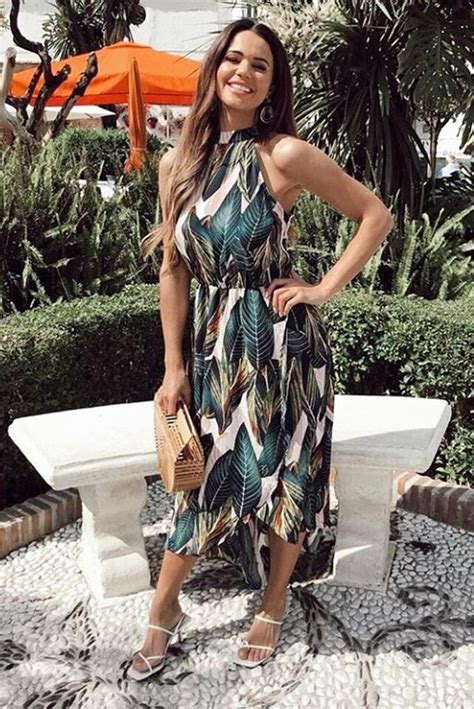 Ax Paris Tropical Palm Leaf Print High Halter Neck Midi Summer Dress