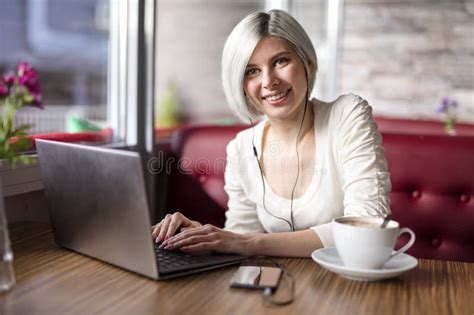 Cheerful Woman Working With Laptop Computer In Cafe Stock Image Image