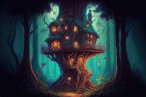 Premium Ai Image Eds Amazing Treehouse In A Dark Wilderness