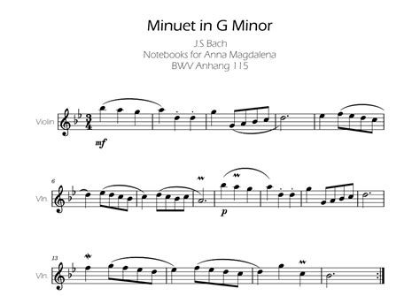 Minuet In G Minor BWV Anh 115 Bach Violin Arr Ygor Nunes Sheet