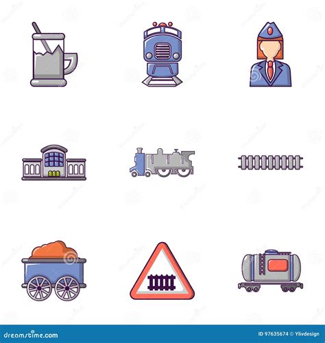 Iconos Fijados Estilo Plano Del Ferrocarril Ilustraci N Del Vector