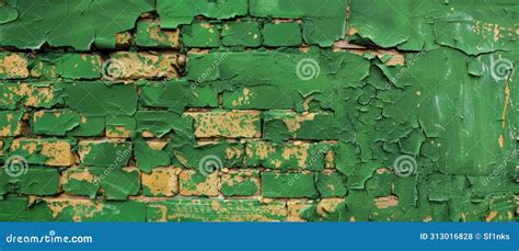 Weathered Green Bricks With Peeling Paint And Cracks Revealing The