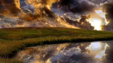 Grass Field And Lake Landscape Sky Clouds Water Hd Wallpaper