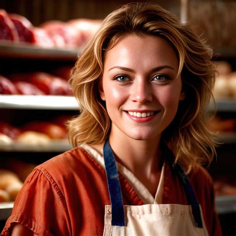 Premium Photo Smiling And Confident Female Butcher Selling Meat