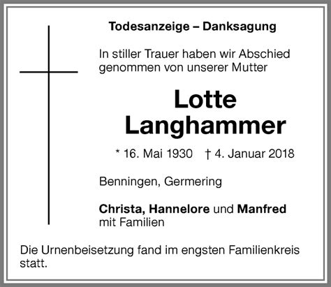 Traueranzeigen Von Lotte Langhammer Allg Uer Zeitung