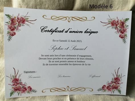 certificat d union laïque personnalisable 6 modèles au choix