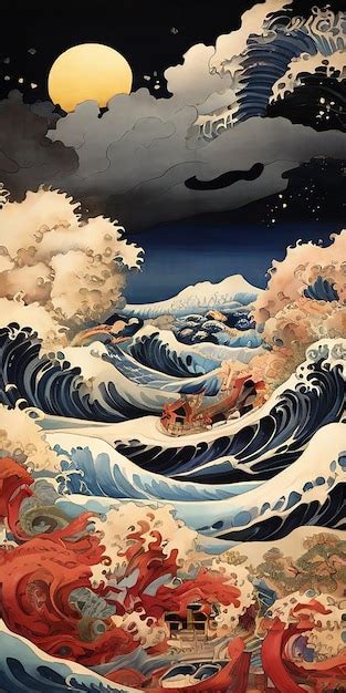 Painting of a Japanese depiction of a very turbulent sea with massive ...