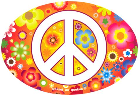 Peace Sign Over Hippie Flowers Small Oval Bumper Sticker Decal