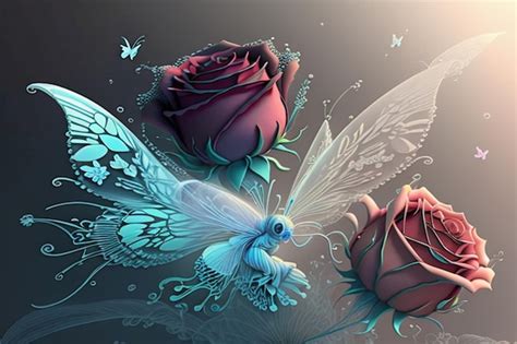 Premium AI Image | A fantasy illustration of a dragonfly and roses.