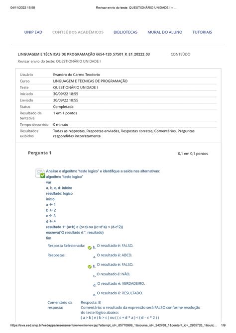 Lógica de programação unidade 1 unip - Revisar envio do teste: QUESTIONÁRIO UNIDADE I LINGUAGEM