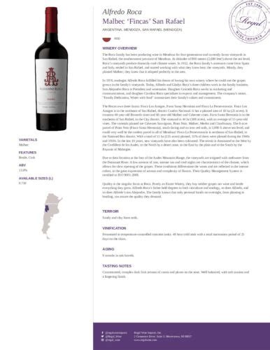 Alfredo Roca Malbec Tech Sheet Regal Wine Imports