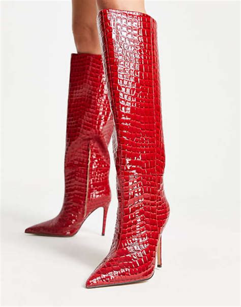 Na Kd Croc Print Stiletto Knee High Boots In Red Asos