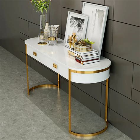 White Modern Console Table with Drawers and Double Stainless Steel Sled ...