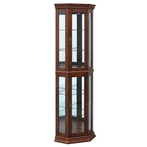 Belleze Lorona Floor Standing 5 Sided Lighted Corner Curio Cabinet Cherry And Walnut