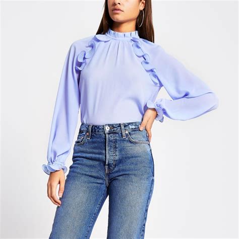 River Island Womens Blue Wire Frill Long Sleeve Sheer Blouse In 2021