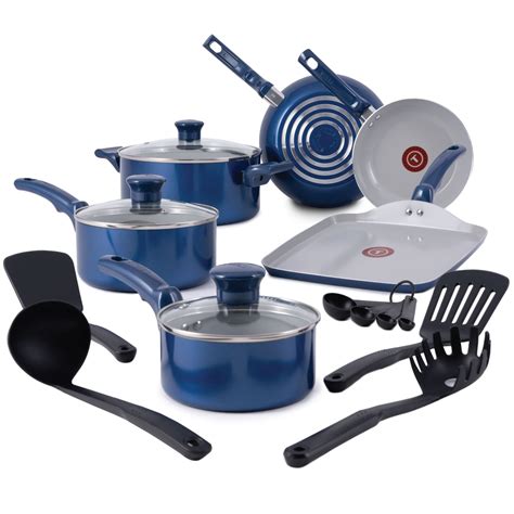 T Fal Kitchen Solutions 14 Piece Ceramic Non Stick Cookware Set Blue