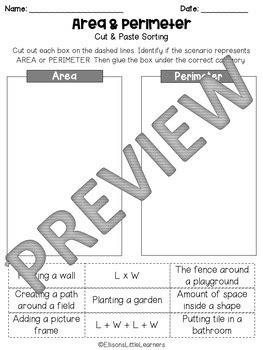 Area And Perimeter Sorting Cut Paste No Prep Tpt