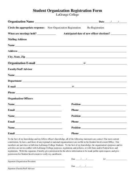 Fillable Online Student Organization Registration Form Lagrange