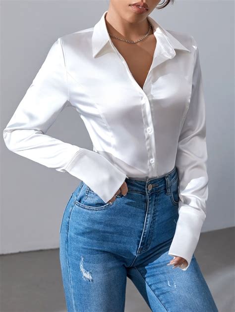 Outfits Camisa Blanca Curved Hem Shirt Corporate Outfits Satin Color