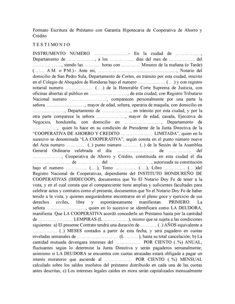 Contratos Formato Escritura De Prestamo Con Garantia Hipotecaria De