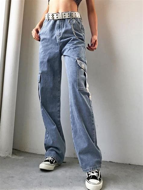 Emmiol Kostenloser Versand 2024 Seitentasche Jeans Mit Weitem Bein Blau