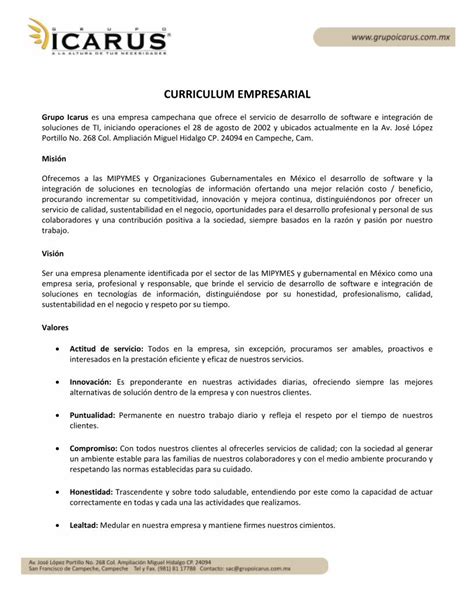 Pdf Curriculum Empresarial Grupo Icarus Curriculum Empresarial