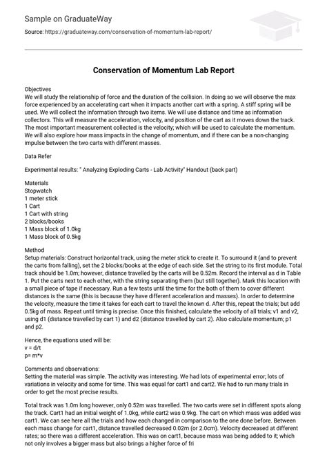 Conservation Of Momentum Lab Report Essay Example Graduateway