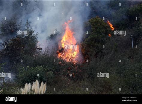 Los Angeles Usa Th Oct A Fire Along The Freeway In The