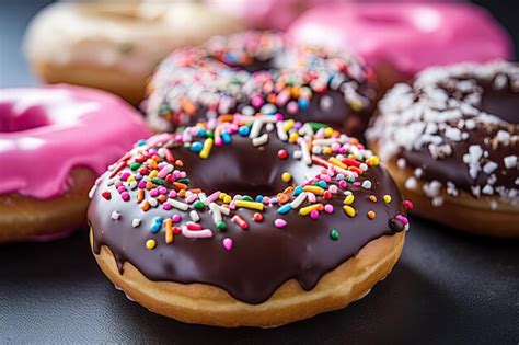 Premium AI Image Close Up Of Assorted Donuts Featuring Sugar