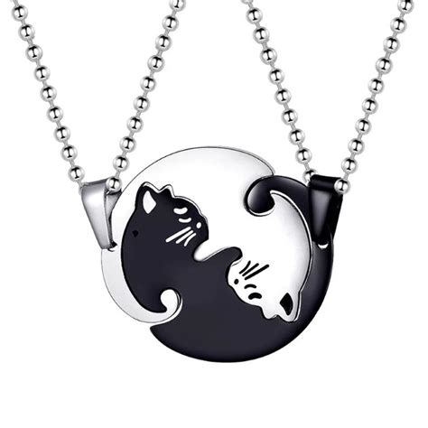 Collares Pareja Gatos Yin Yang En Forma Coraz N Negro Plateado