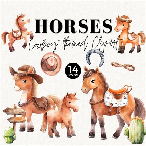 Cute Cowboy Horses Clipart Watercolor Western Themed Ranch Etsy