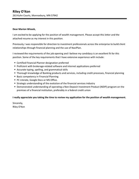 Wealth Management Cover Letter | Velvet Jobs