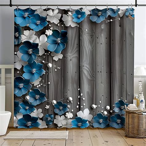 Blue And White Floral Shower Curtain On Grey Wood Background Modern