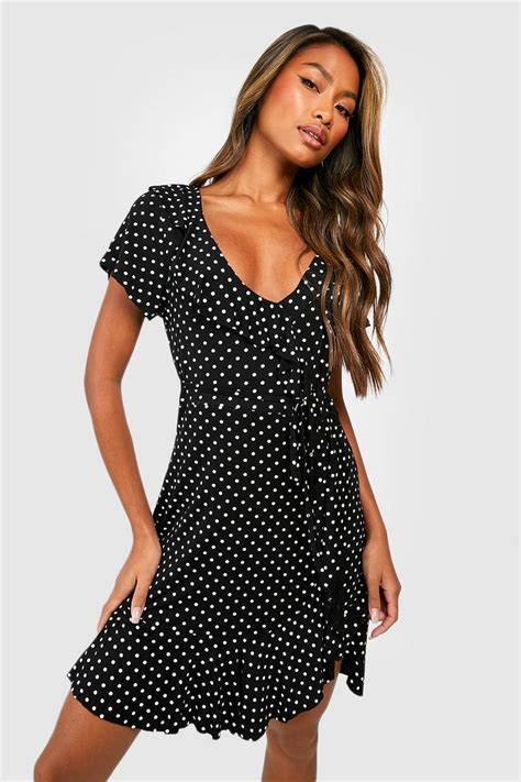 Womens Polka Dot Wrap Front Ruffle Tea Dress Boohoo Uk