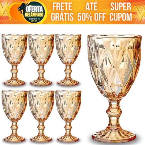 Jogo 6 Taça Diamante Copo Vidro Ouro Ambar Bico De Jaca 330ml Shopee