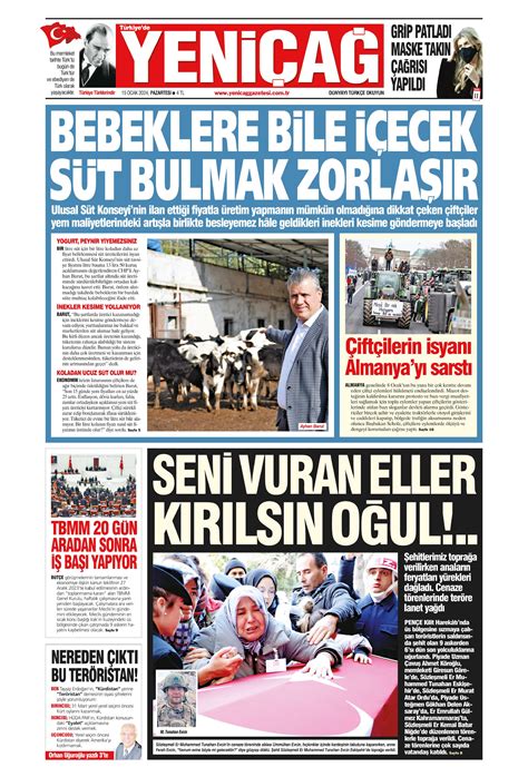 Türkiye de Yeni Çağ Gazetesi 15 Ocak 2024 Pazartesi Günü Manşeti