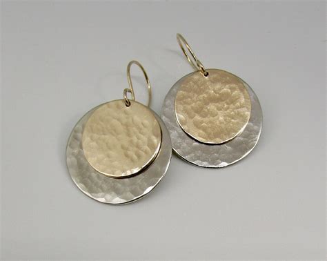 Mixed Metal Earrings Hammered Gold And Silver Disc Earrings