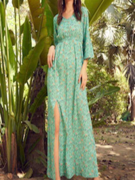 Buy Street 9 Green And Orange Floral Printed A Line Maxi Dress Dresses