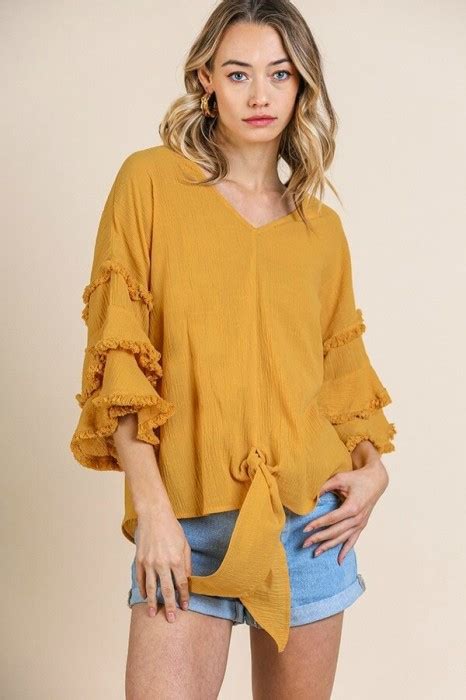 Umgee Honey Top With Ruffled Frayed Sleeves And Front Tie Umgee